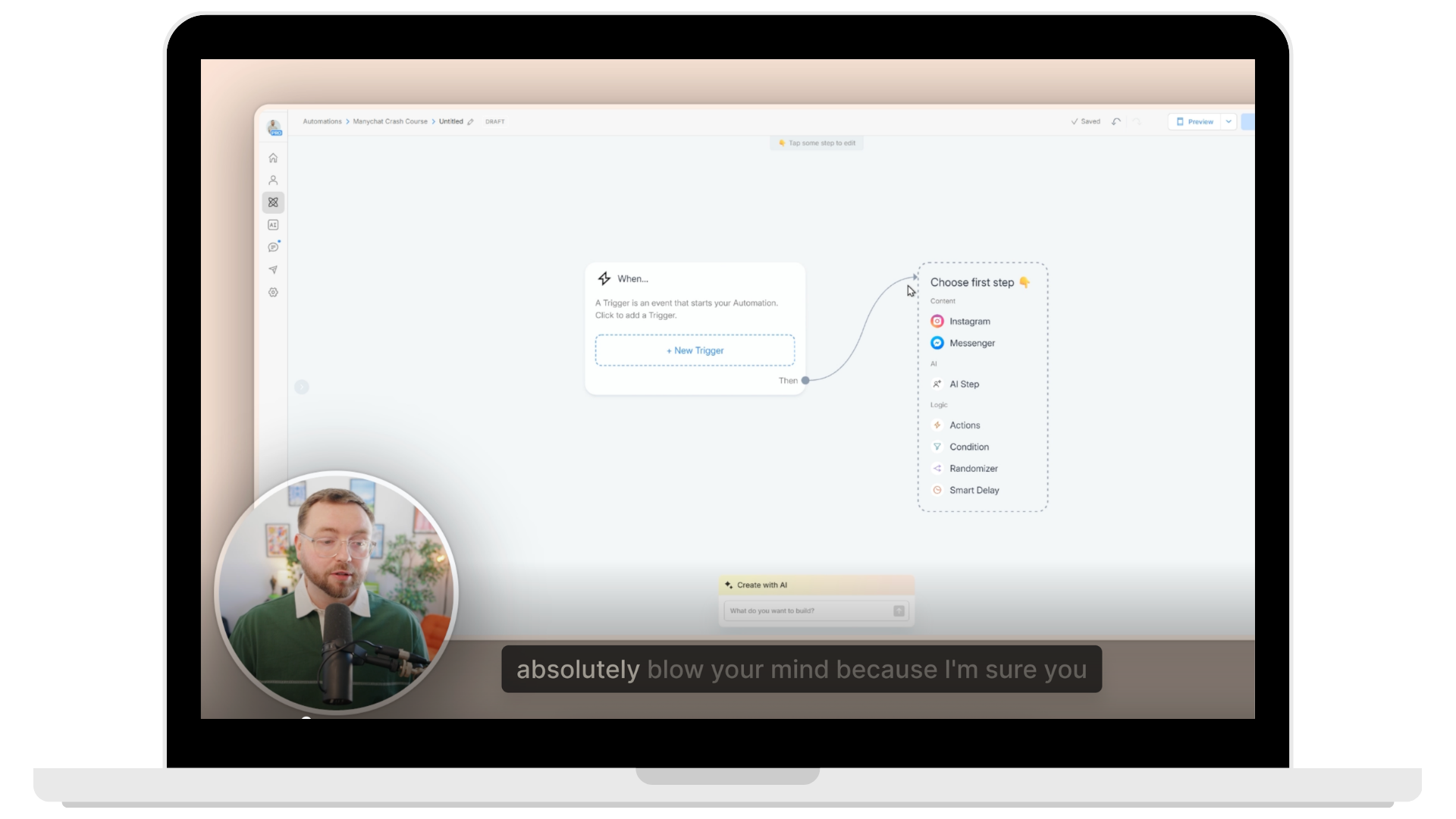 Manychat automation flow builder showing the Claude integration template